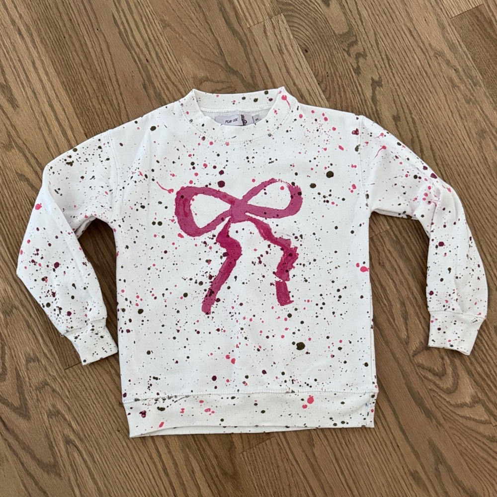 Playful Bow Print Kids Sweatshirt - Pink and White Size 5